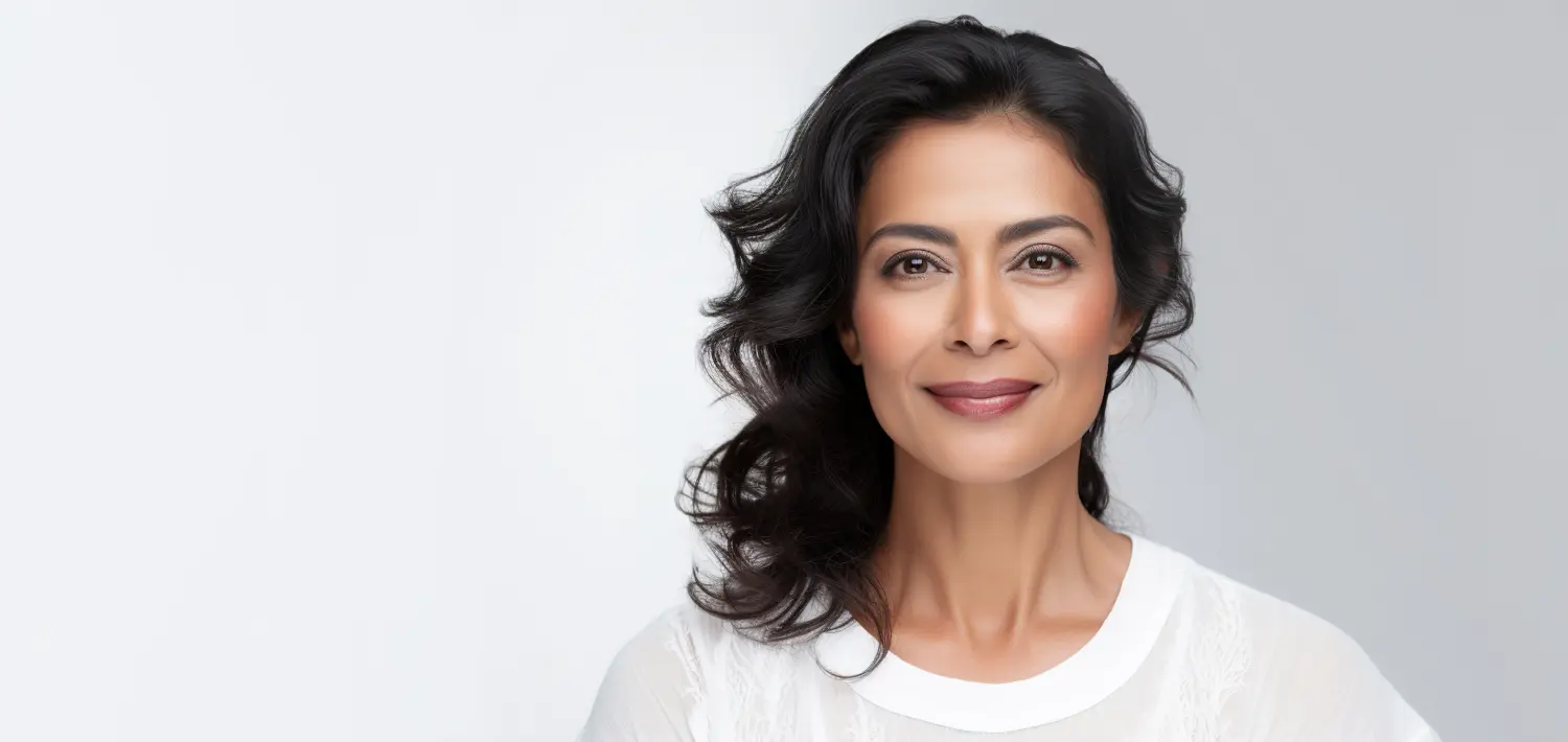 Schöne reife, gepflegte indische Frau auf grauem Hintergrund mit Copyspace