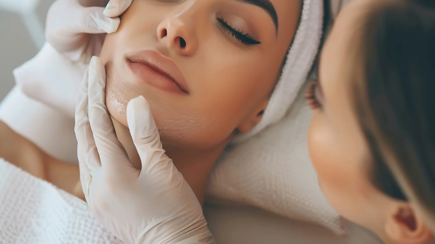 Dermatologe untersucht die Haut im Gesicht einer Frau. Kosmetikerin führt Schönheitsbehandlung in ihrer Praxis durch. Junge Dame wird professionell
