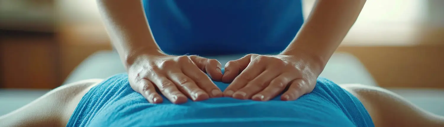 Manuelle Therapie zur Linderung von Rückenschmerzen: Therapeutenhände üben Druck aus, um Beschwerden zu lindern und die Beweglichkeit zu verbessern