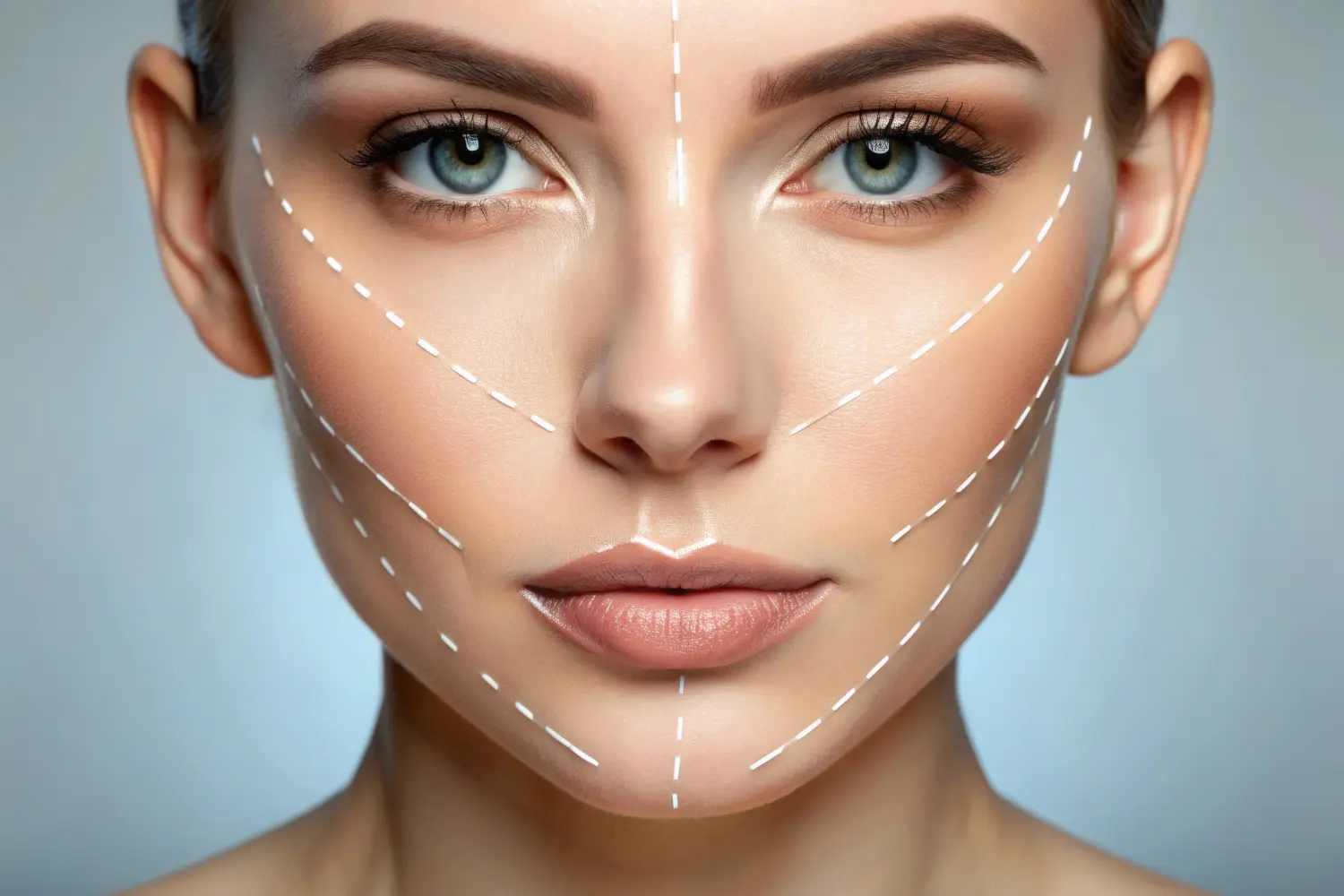 Nahaufnahme eines Gesichts mit Fäden und Pfeilen zur Veranschaulichung eines nicht-chirurgischen Facelifting-Verfahrens mit Fäden zur Gesichtskonturierung und Hautverjüngung